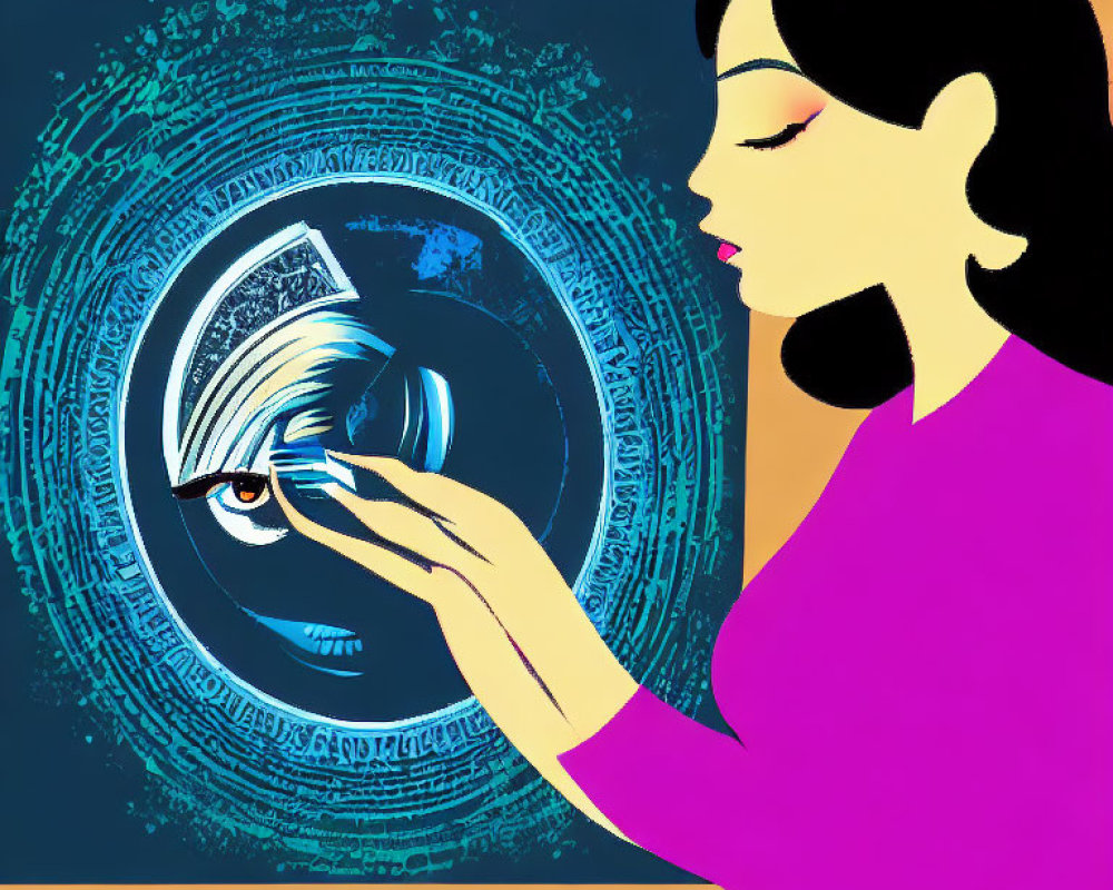 Illustrated woman interacting with futuristic digital interface.