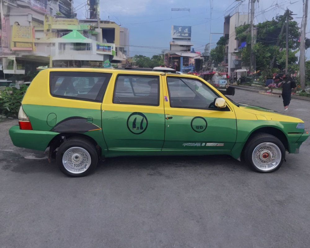 Custom green and yellow car with extra side wheels parked in city street scenery