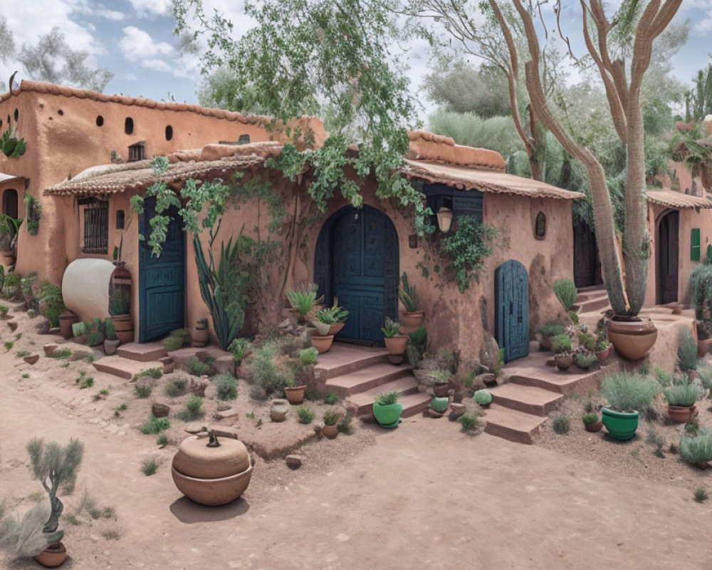 Traditional adobe house with blue doors, terracotta tiles, and green potted plants