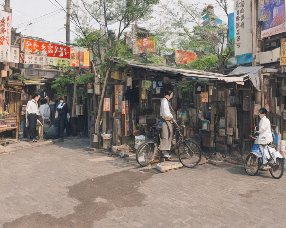 Busy Asian urban street corner with people, bicycles, rustic shops, signs.