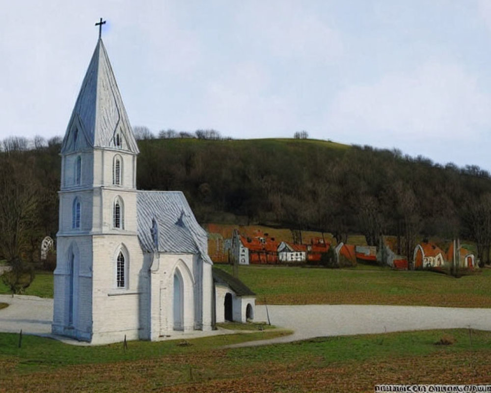 White Church with Steep Spire in Rural Landscape