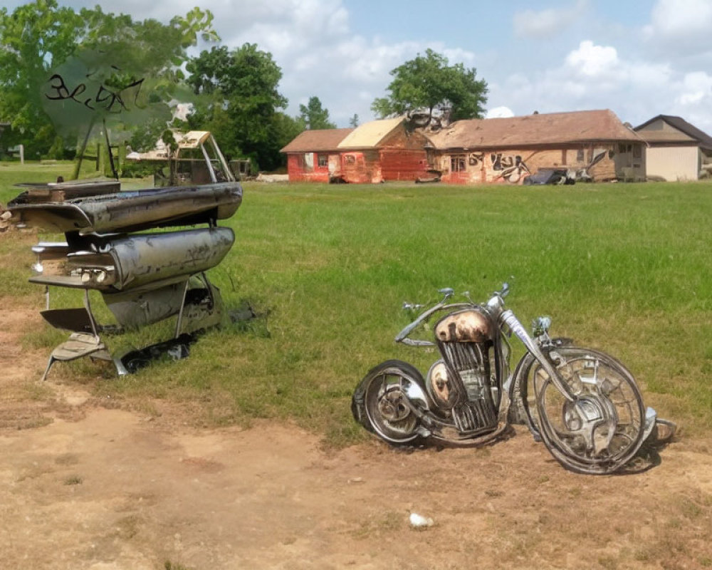 Rusty motorcycle and boat in grassy field with buildings