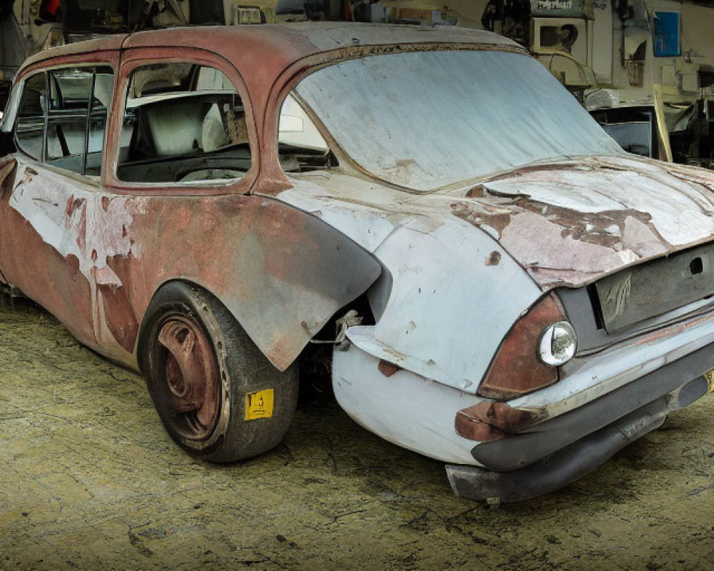 Weathered vintage car with peeling paint and rust spots in workshop