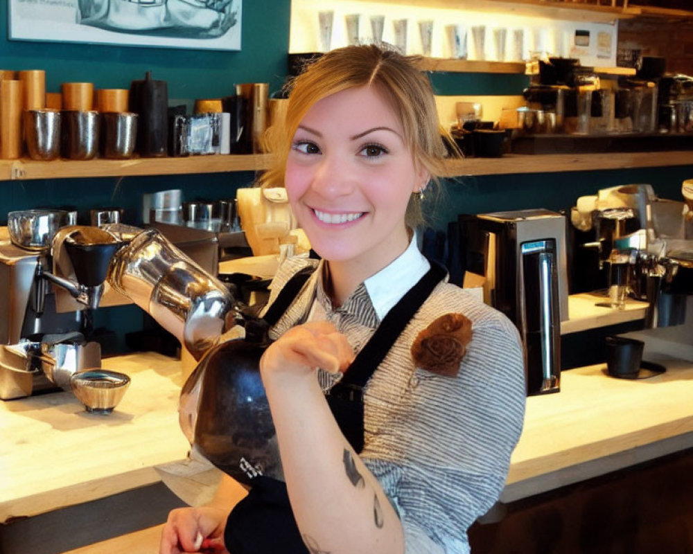 Barista with arm tattoo pouring coffee in café setting