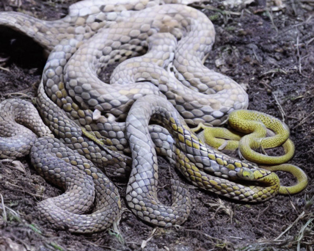 Interwoven Brown and Yellow Snakes on Ground