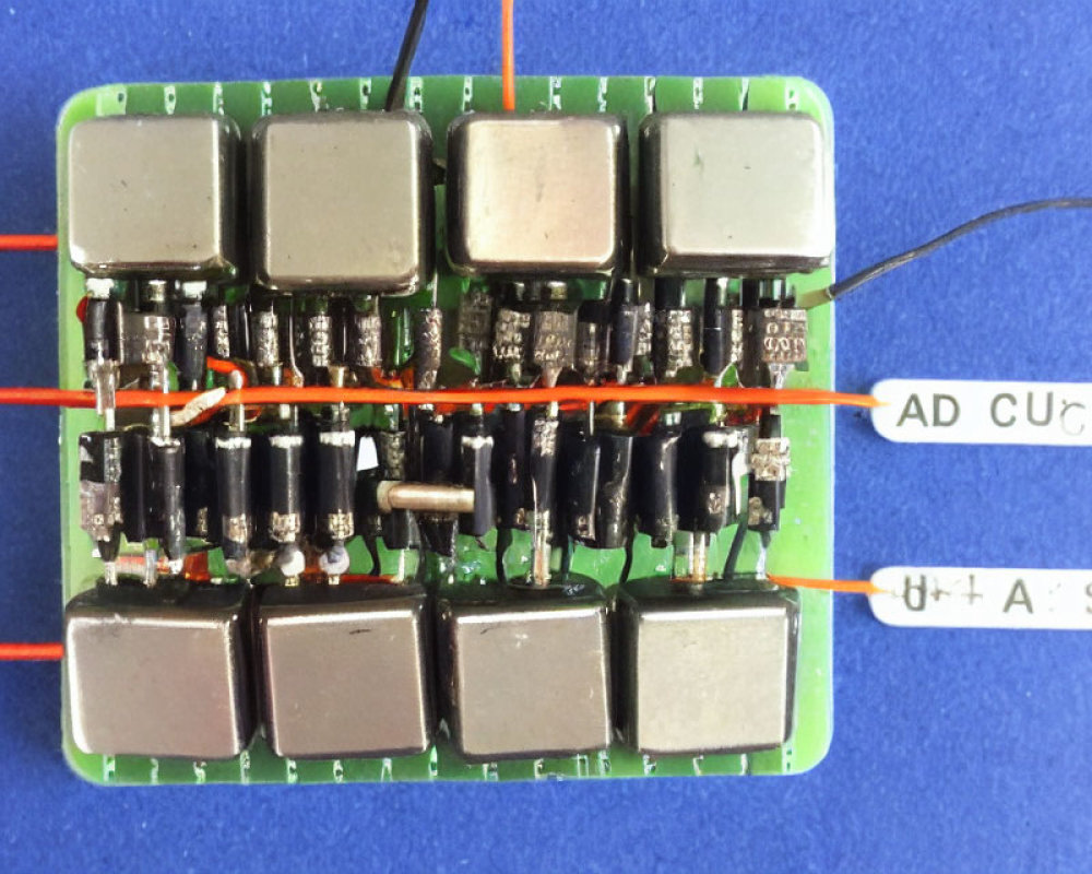 Green PCB with Six Large Capacitors & Black Components on Blue Background