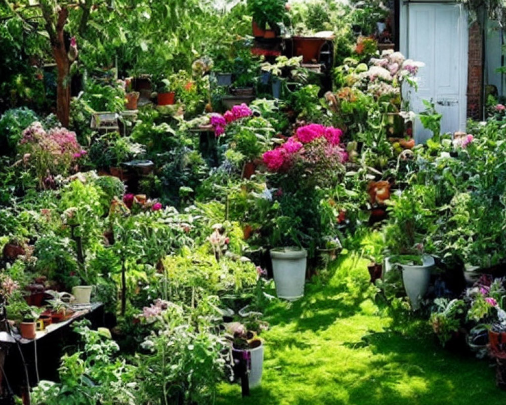 Colorful Potted Plants in Lush Garden Setting