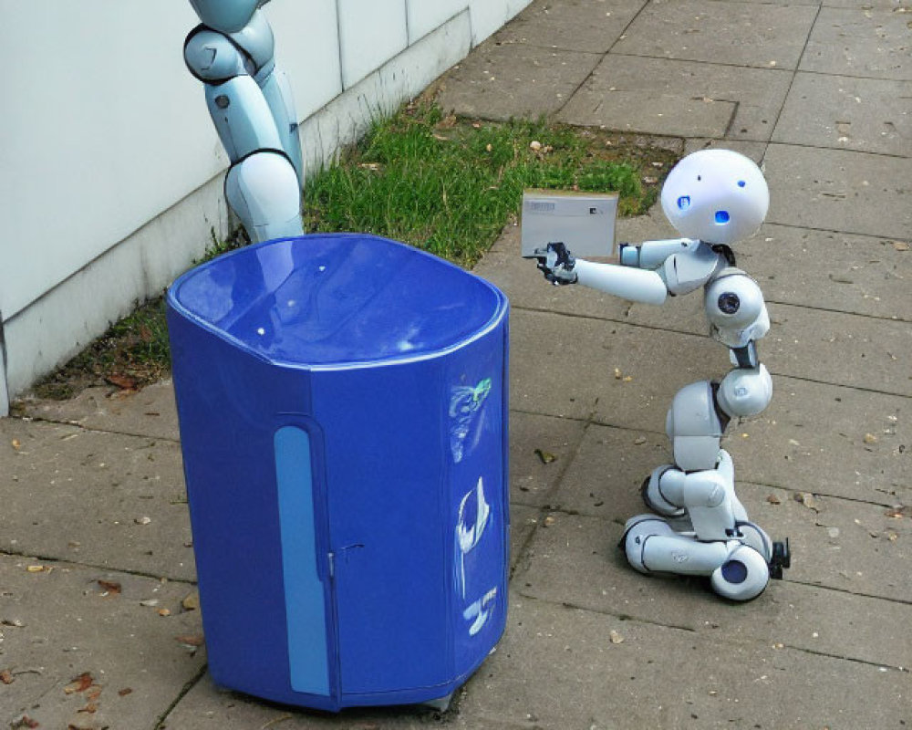 Two humanoid robots in bin and beside it on sidewalk with building backdrop.