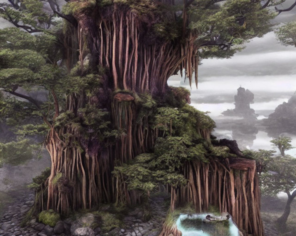 Enchanted forest landscape with mystical tree and water pool