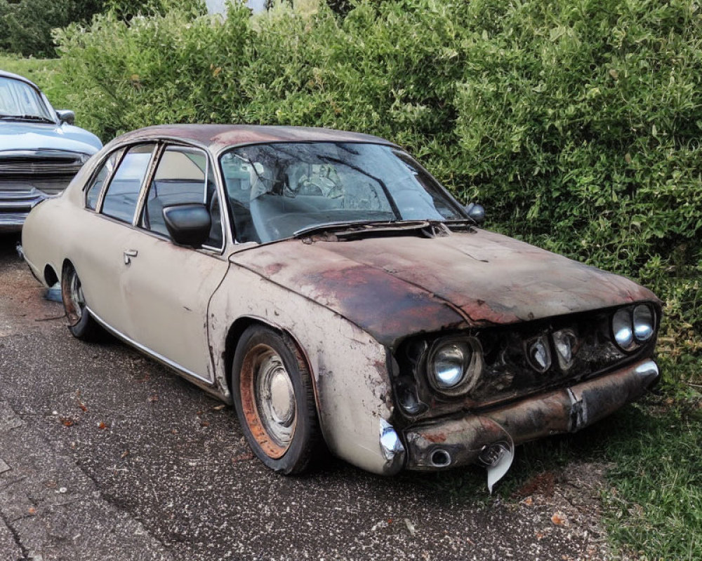 Rusted Two-Tone Car with Flat Tires Beside Green Bushes