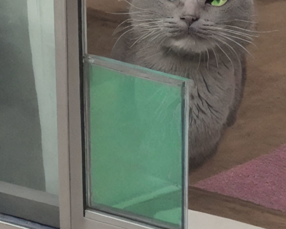 Gray Cat with Green Eyes Peeking Through Small Pet Door