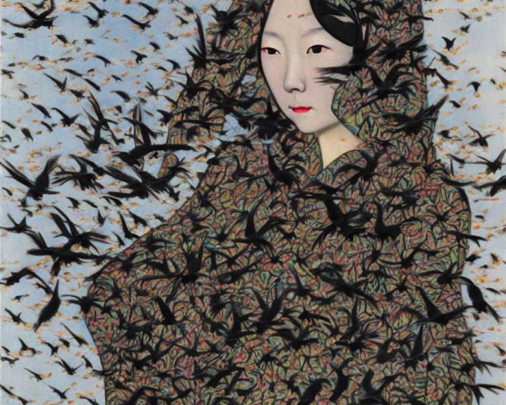 Portrait of person with pale skin and red lips in patterned garment among black birds