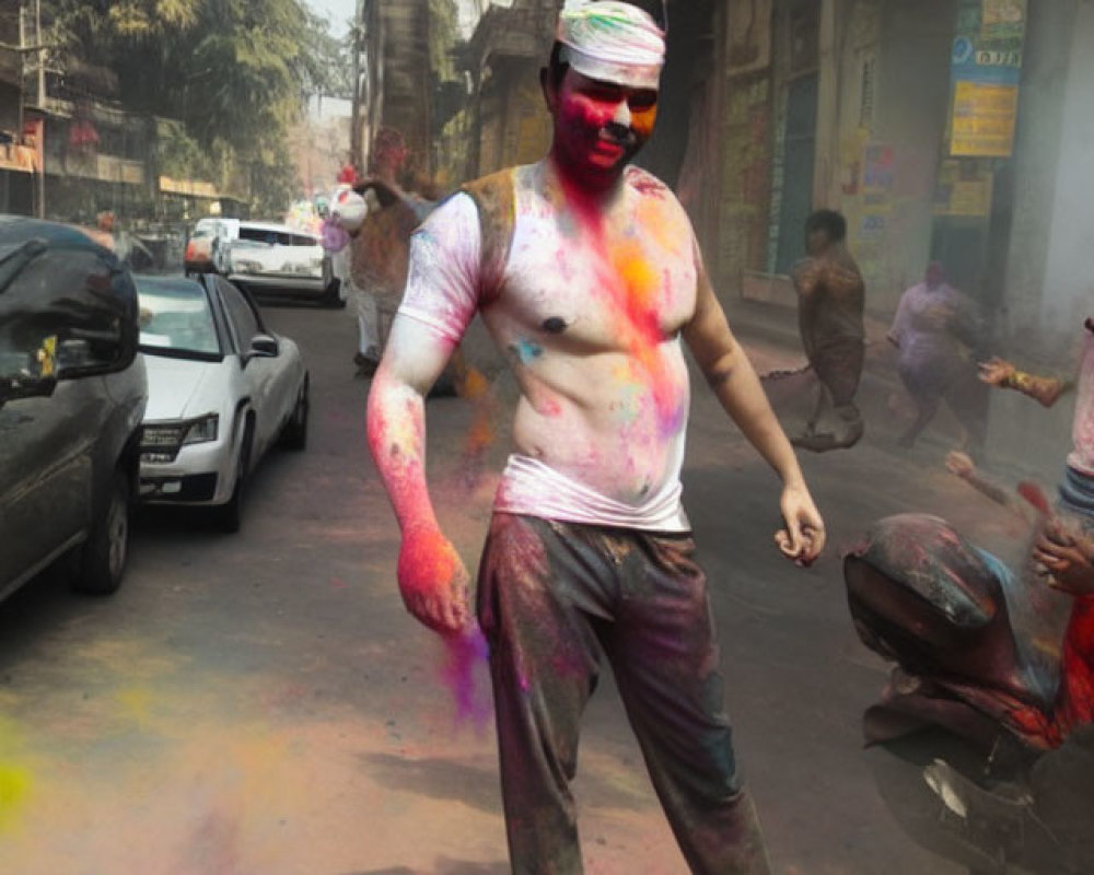 Vibrantly colored person at Holi celebration in street scene