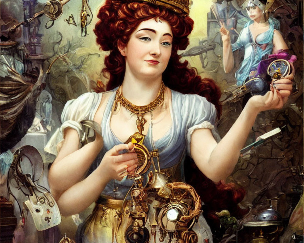 Whimsical painting of red-haired woman with timepieces and fairy