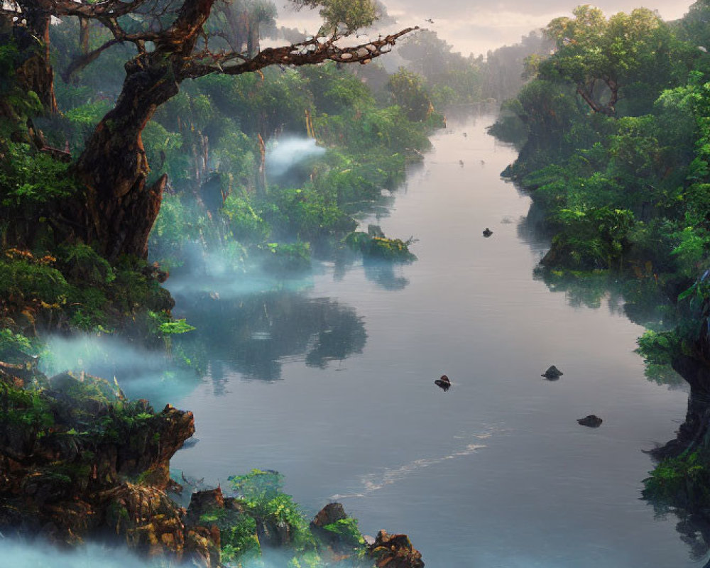 Tranquil river scene with misty forests and glowing blue entity above water