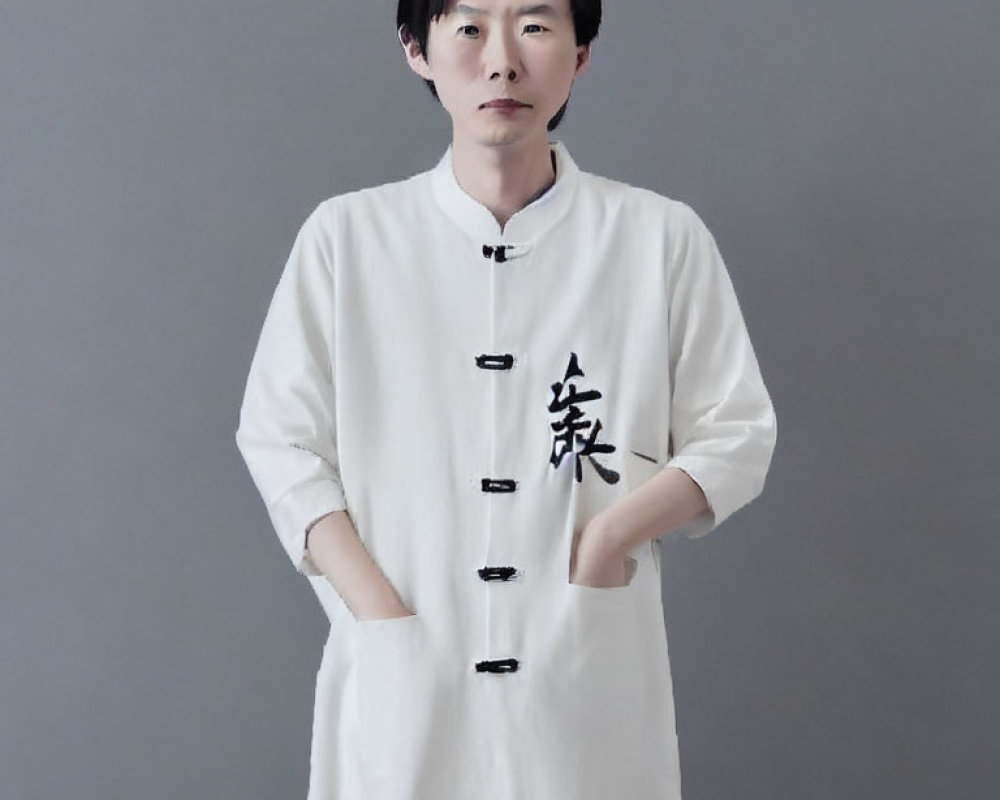 Traditional Chinese Garment with Black Frog Buttons on Man