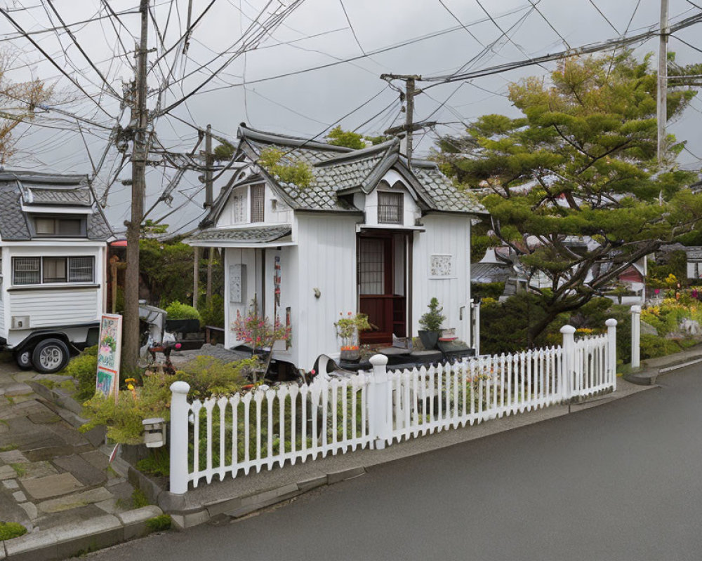 Traditional white house with tiled roof and picket fence on street with camper van.