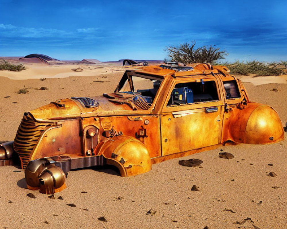 Abandoned rusty car in desert landscape with blue skies