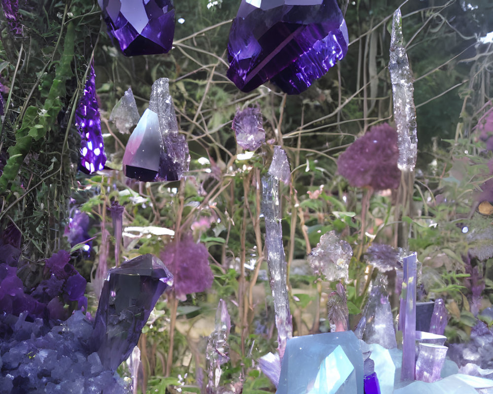 Purple and Clear Crystal Formations in Enchanting Garden