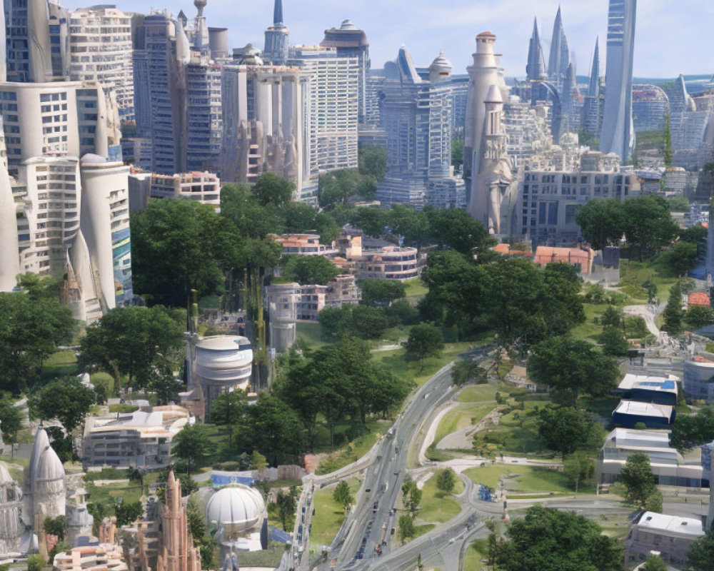 Futuristic cityscape with eclectic architecture and skyscrapers