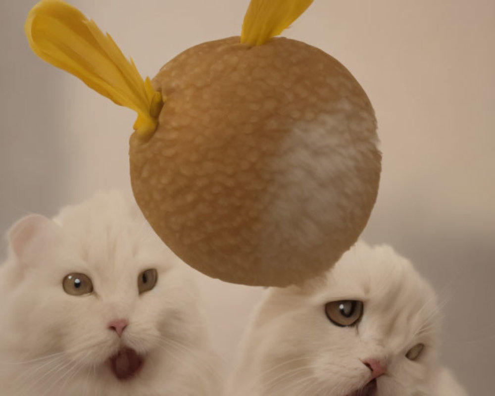 Two Surprised White Fluffy Cats with Lemon Attached to Head