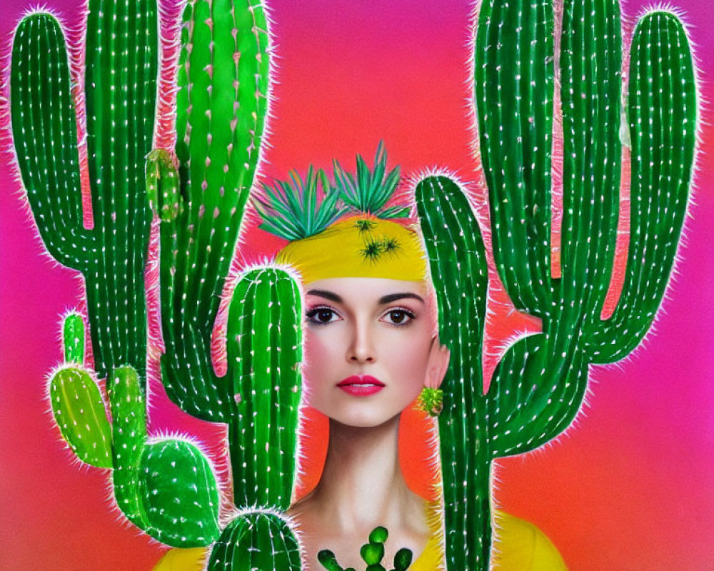 Colorful Woman with Yellow Headpiece and Cactus on Pink Background