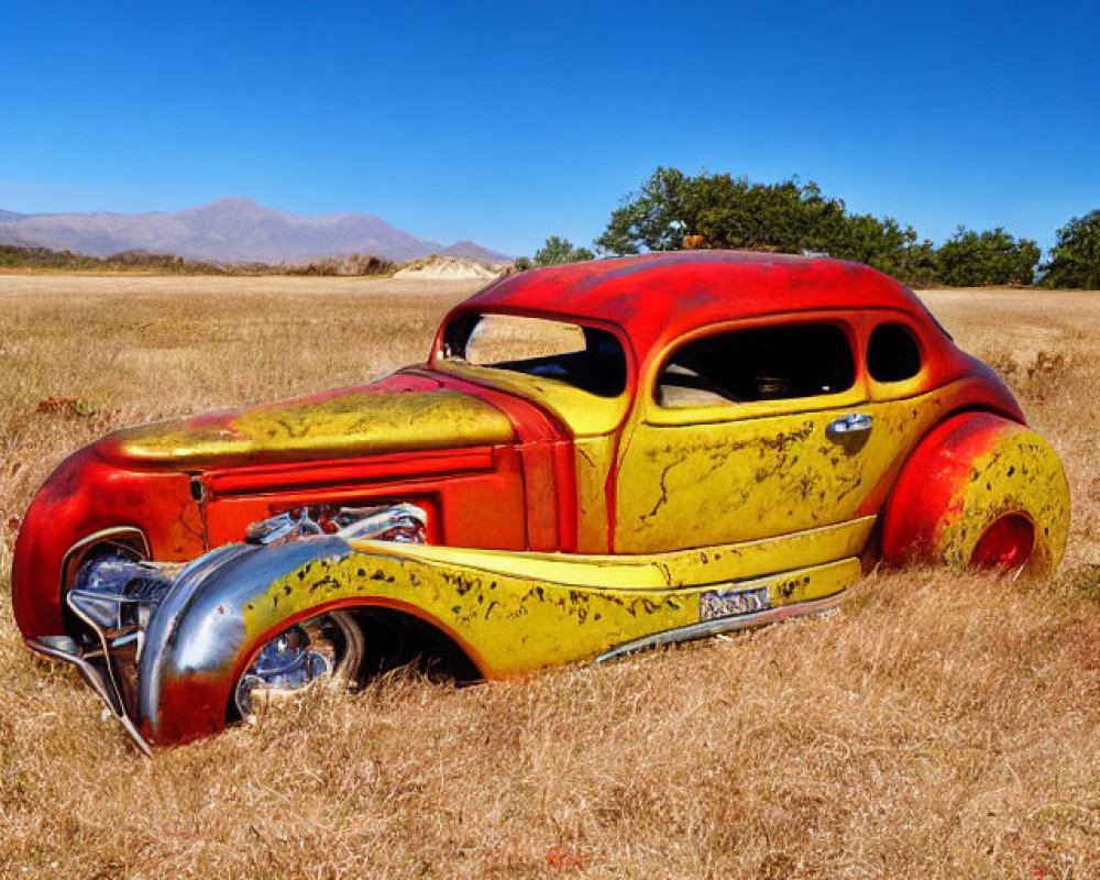 Rusty abandoned car with red and yellow paint in dry field under blue sky