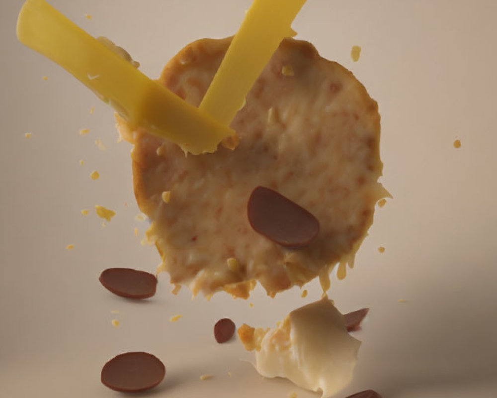 Levitating Cracker with Cheese and Almonds, Ingredients Scattered Around