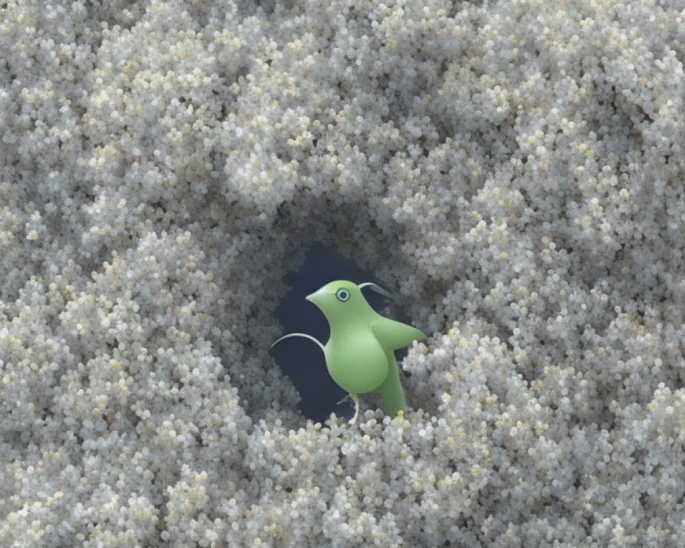 Green Bird-Like Creature in Hole on Fluffy White Background