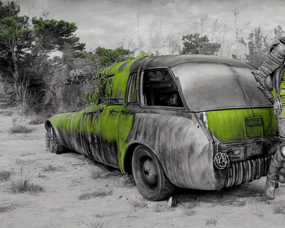 Monochrome photo of person leaning on moss-covered car with colorized green hues