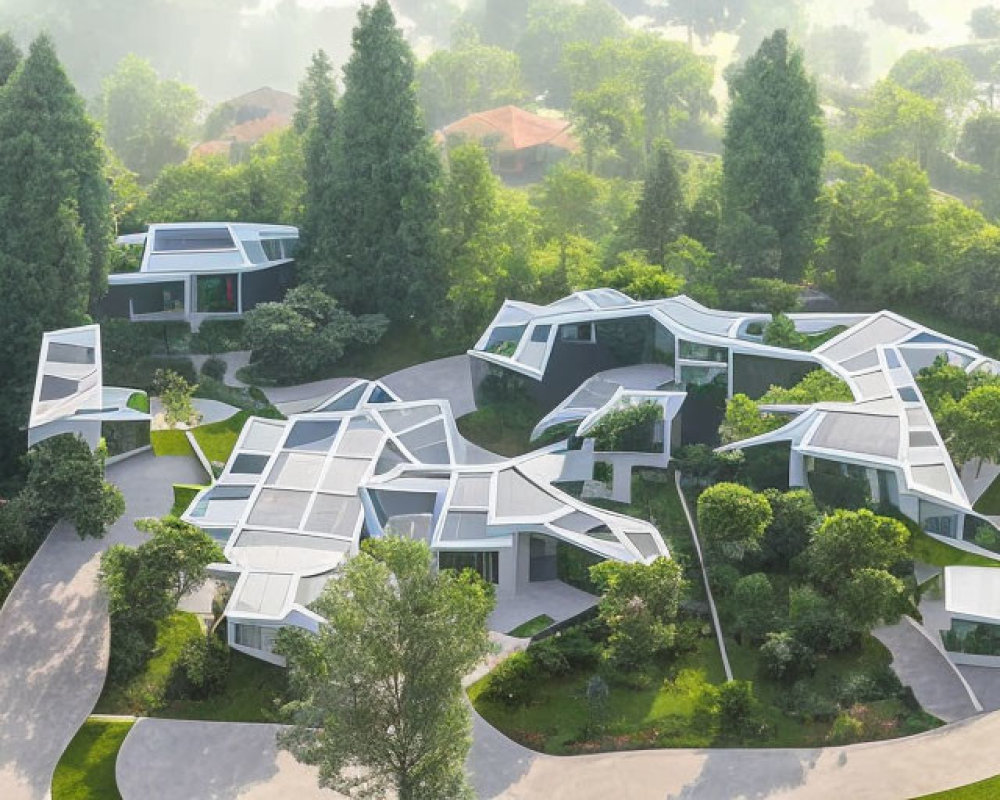 Modern residential complex with geometric houses in lush green setting