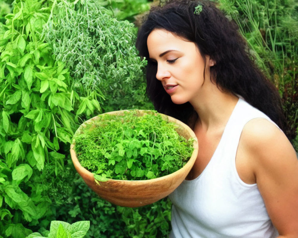 Woman in white tank top with fresh herbs in wooden bowl among lush green plants