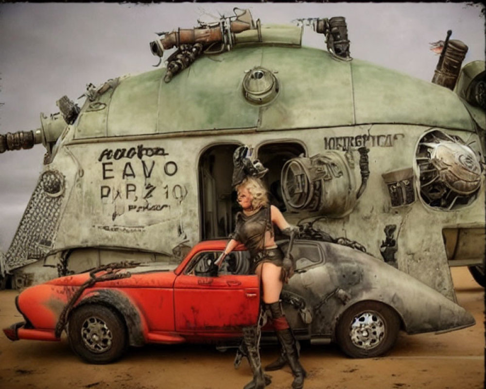 Post-apocalyptic woman with modified red car in desert setting