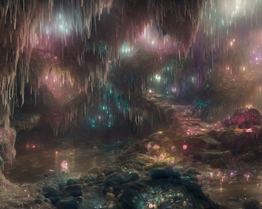 Ethereal cave with radiant multicolored light, serene pond, and stalactites