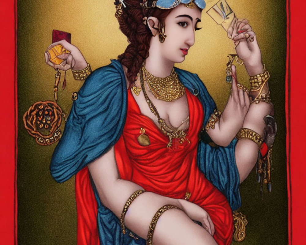 Traditional Indian Attire Woman with Cards on Red and Gold Background