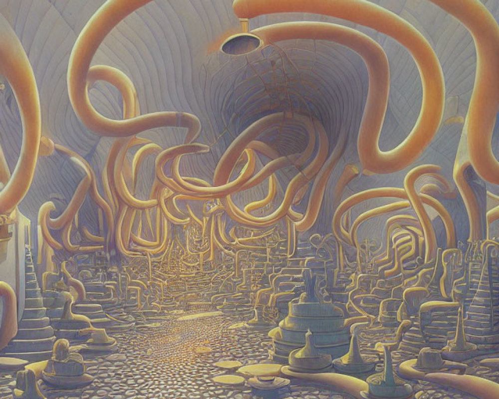 Surreal artwork: Tentacles, chess pieces, golden light in arched chamber