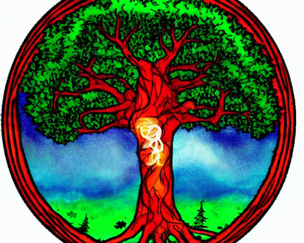 Colorful circular emblem with tree motif on blue and green background