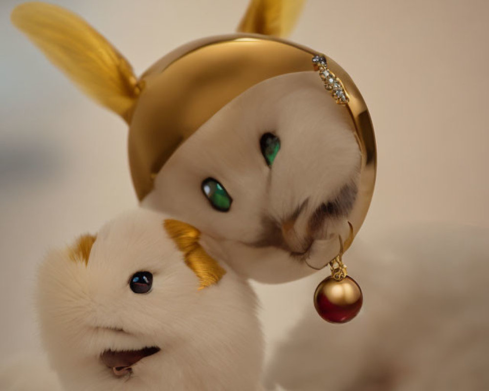 Whimsical creature with rabbit body and cat face wearing gold hat and pendant.