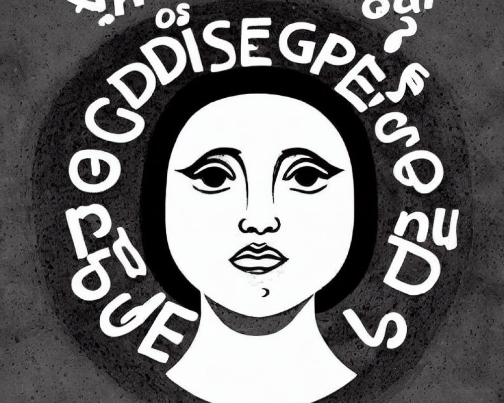 Monochrome woman's face with circular text and expressive onomatopoeia on grey background