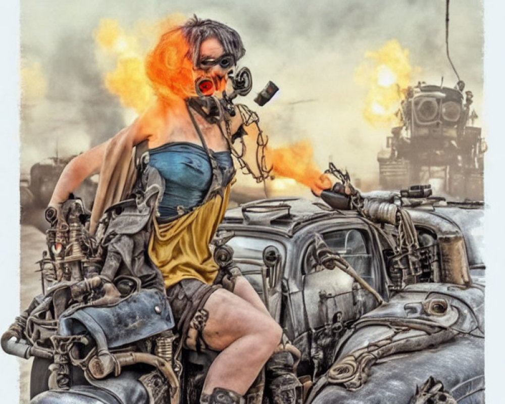 Person in gas mask atop vehicle in apocalyptic setting with explosions.