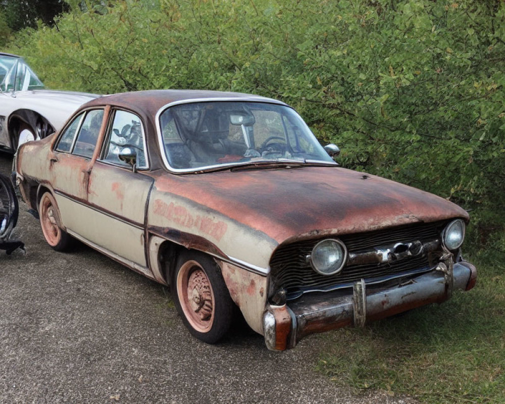 Rusted Vintage Car with Two-Tone Paint Job and Bicycle Outdoors