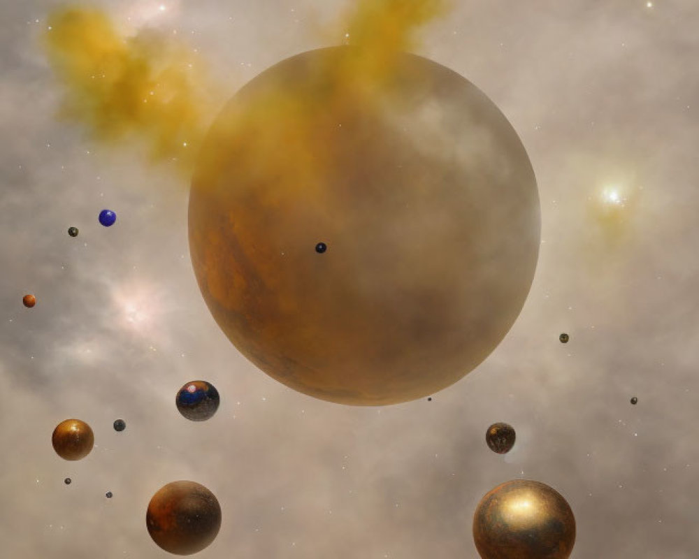 Various sized planets in cosmic scene with reflective surfaces, stars, and nebulous clouds