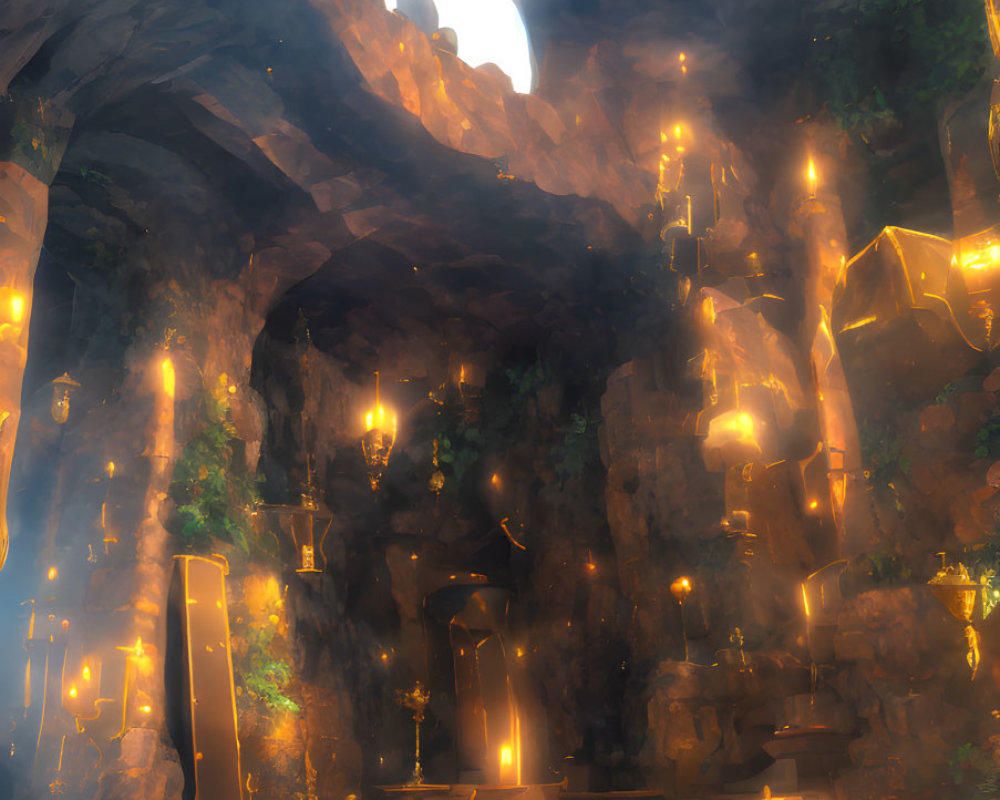 Ethereal subterranean chamber with candlelight, stone pillars, glowing symbols, and skyl