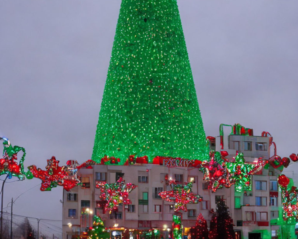 Festive large Christmas tree with lights in urban setting at dusk