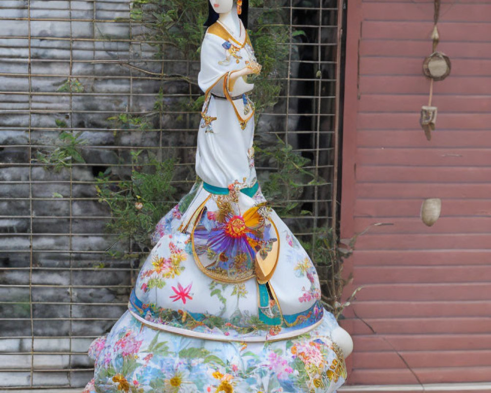 Porcelain figurine: Woman in Thai attire with floral patterns by window.