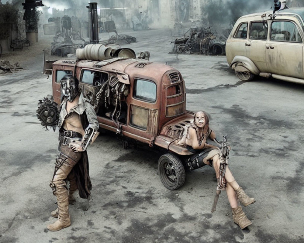 Desolate post-apocalyptic scene with two figures in makeshift armor among ruined vehicles