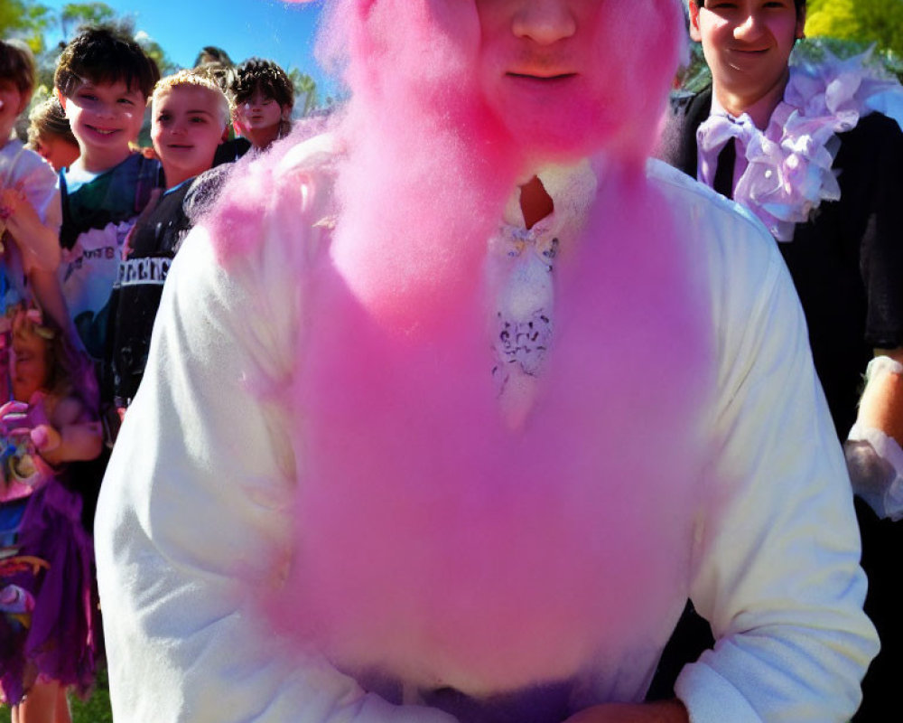 Children in costumes surround person in pink fluffy outfit with masquerade mask on sunny day