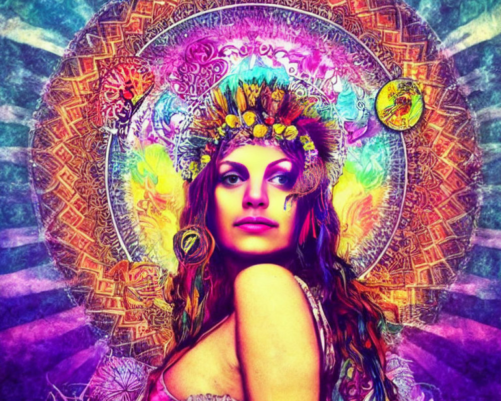 Colorful Image of Woman with Floral Headpiece and Mandala Pattern