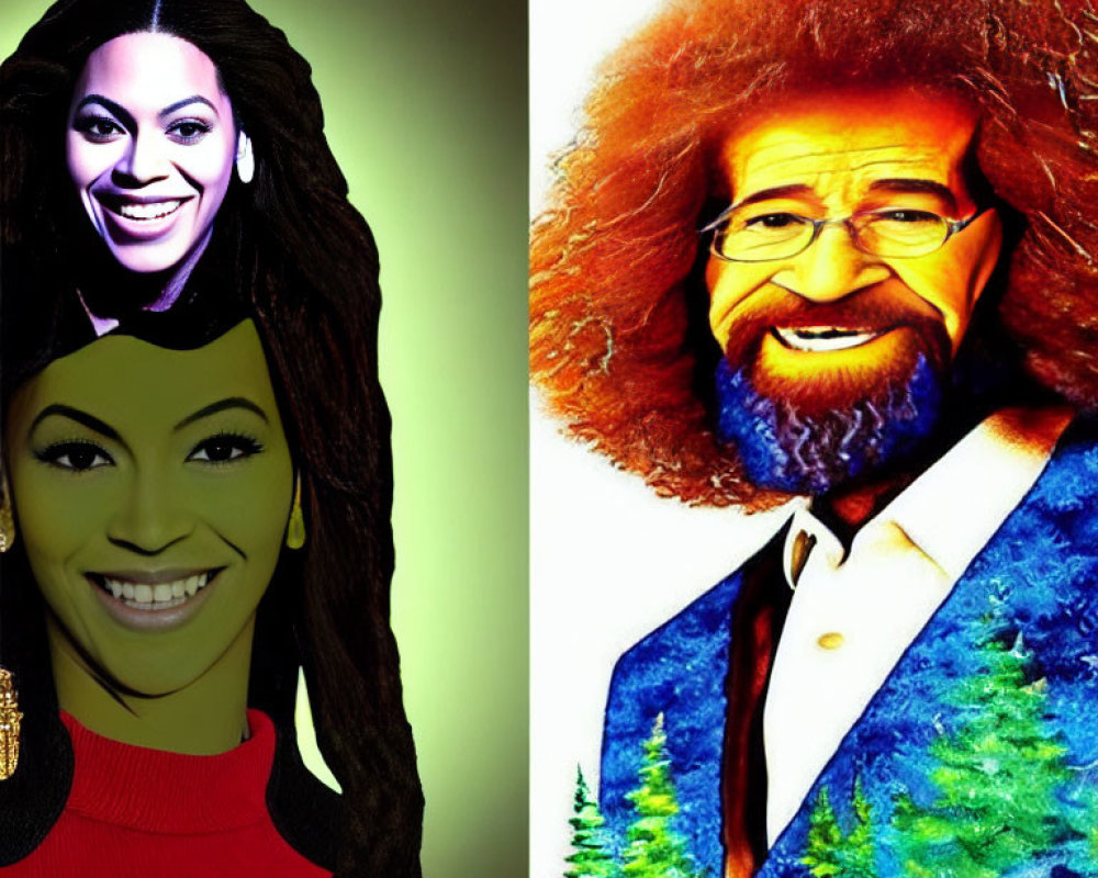 Split-image of stylized woman and caricature man with wide smile and curly hair.