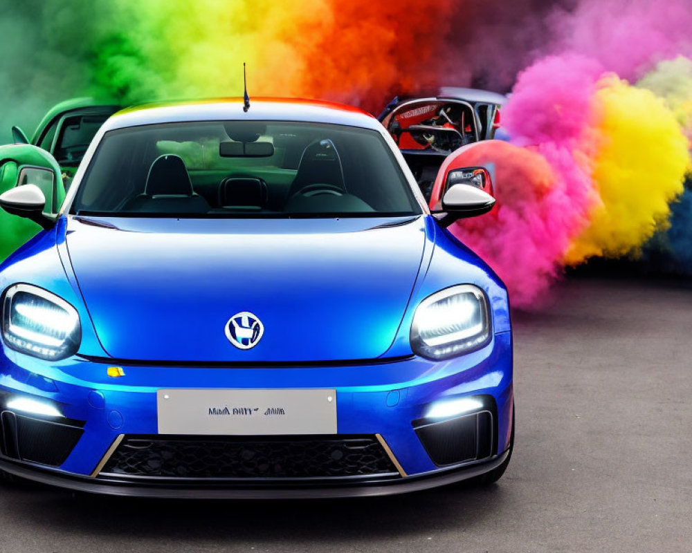 Blue Volkswagen Car with Colorful Smoke Plumes Background